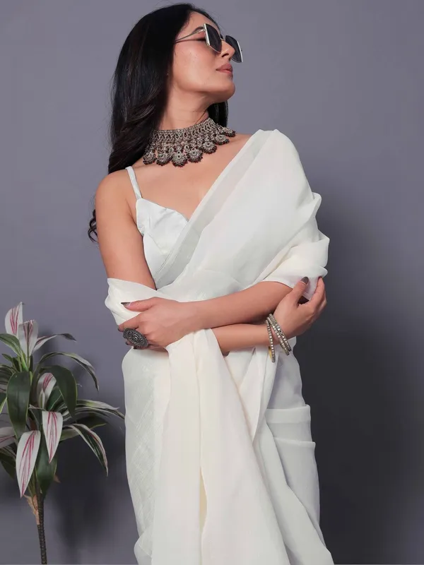 White_Satin_Draped_Saree_With_Strappy_Blouse_For_Women