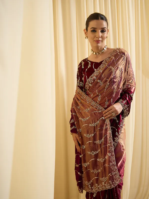 Maroon_Satin_Silver_Embellished_Saree_For_Women