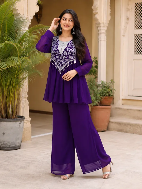 Purple_Georgette_Flared_Embroidered_Kurta_Set_For_Women