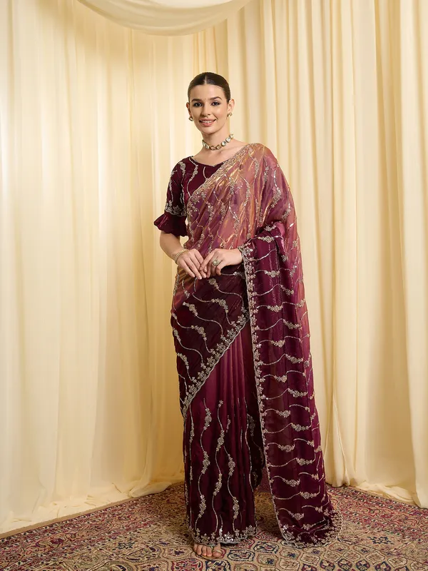 Maroon_Satin_Silver_Embellished_Saree_For_Women