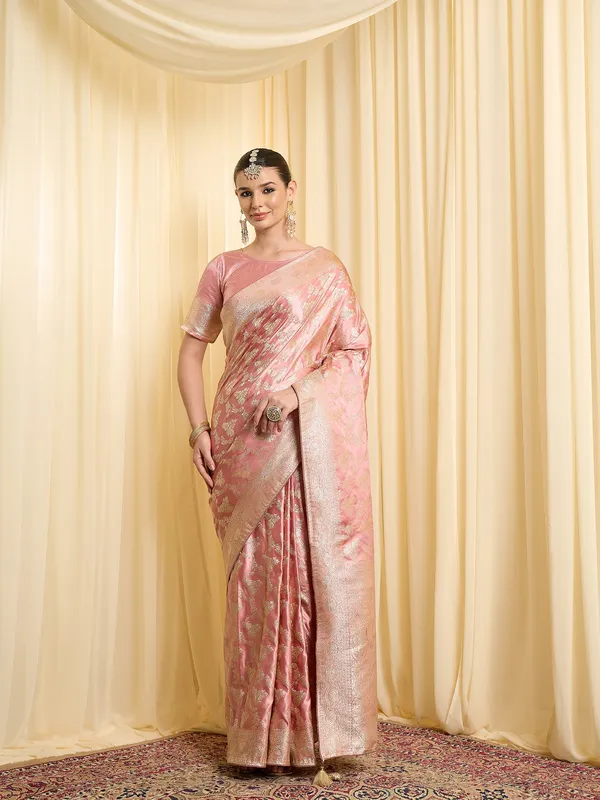 Pink_Satin_Brocade_Woven_Saree_With_Blouse_For_Women