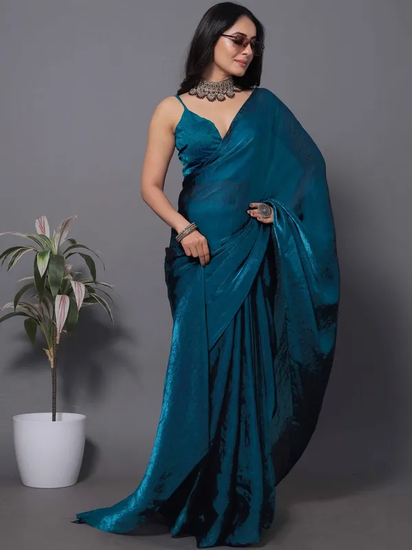 Teal_Satin_Draped_Saree_For_Women
