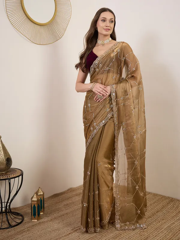 Gold_Satin_Sequin_Embellished_Saree_With_Maroon_Blouse_For_Women