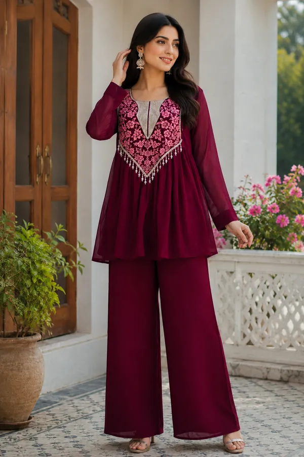 Maroon_Georgette_Flared_Embroidered_Kurta_Set_For_Women