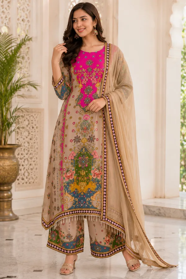 Beige_Silk_Printed_Kurta_Palazzo_Suit_Set_For_Women