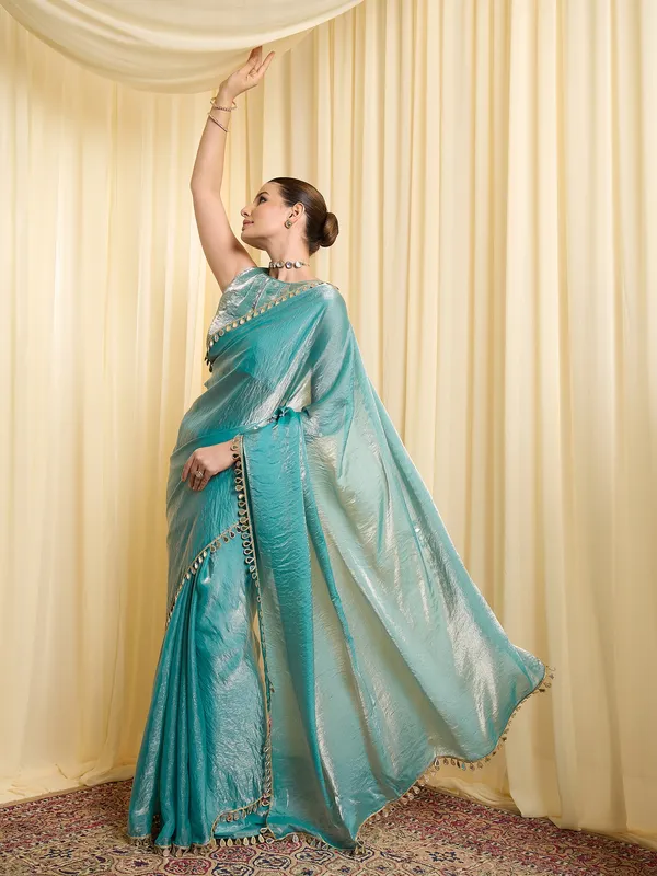 Teal_Satin_Woven_Embellished_Border_Saree_For_Women