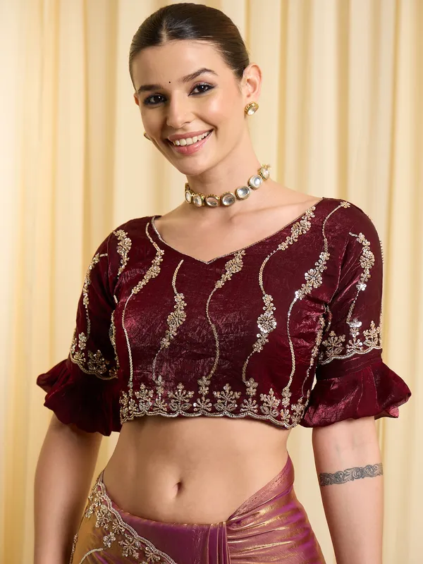 Maroon_Satin_Silver_Embellished_Saree_For_Women