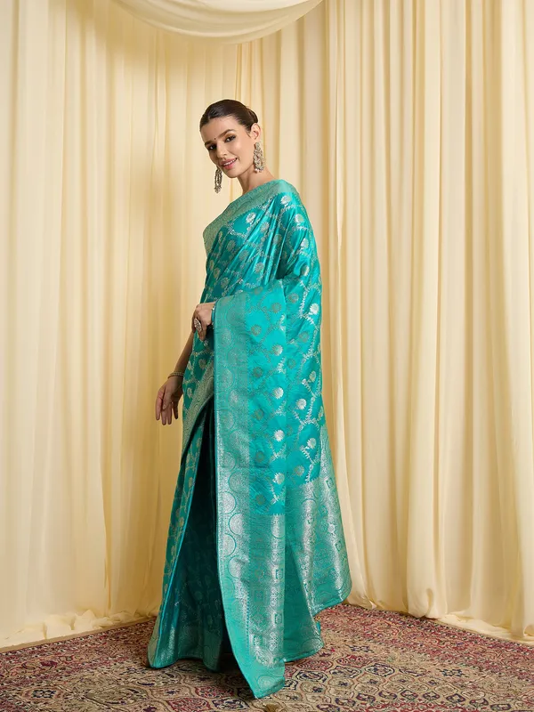 Teal_Satin_Woven_Saree_For_Women