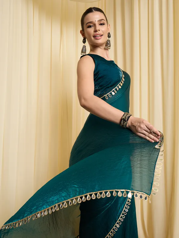Teal_Satin_Embellished_Saree_For_Women