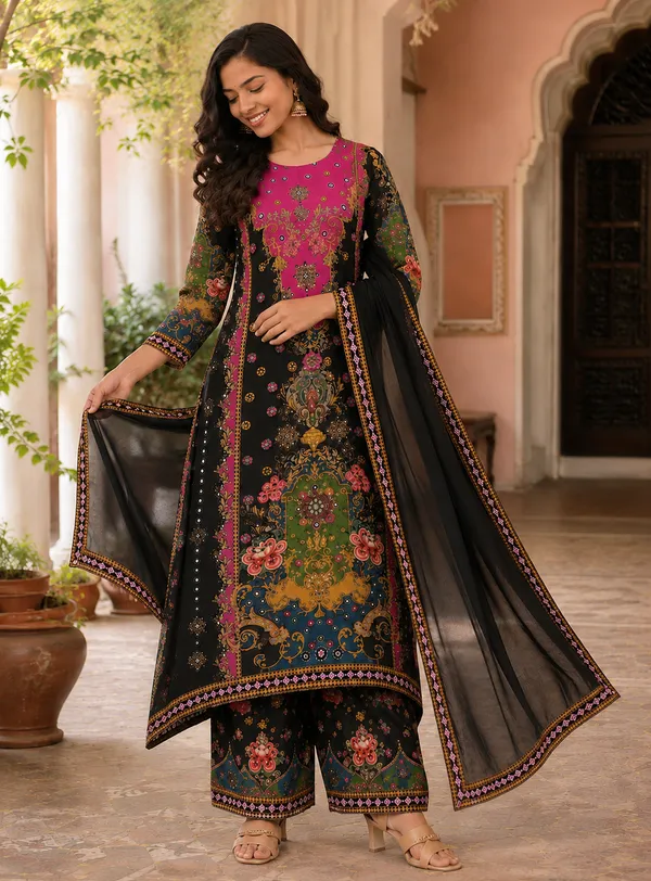 Black_Silk_Printed_Straight_Kurta_Bottom_Dupatta_Set_For_Women