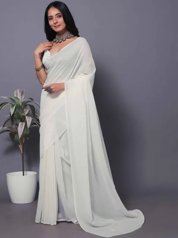 White_Satin_Draped_Saree_With_Strappy_Blouse_For_Women