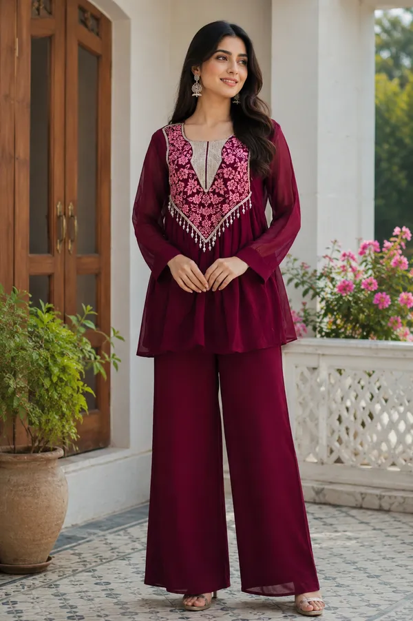 Maroon_Georgette_Flared_Embroidered_Kurta_Set_For_Women