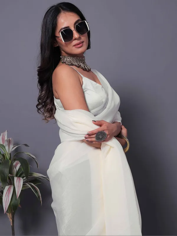 White_Satin_Draped_Saree_With_Strappy_Blouse_For_Women