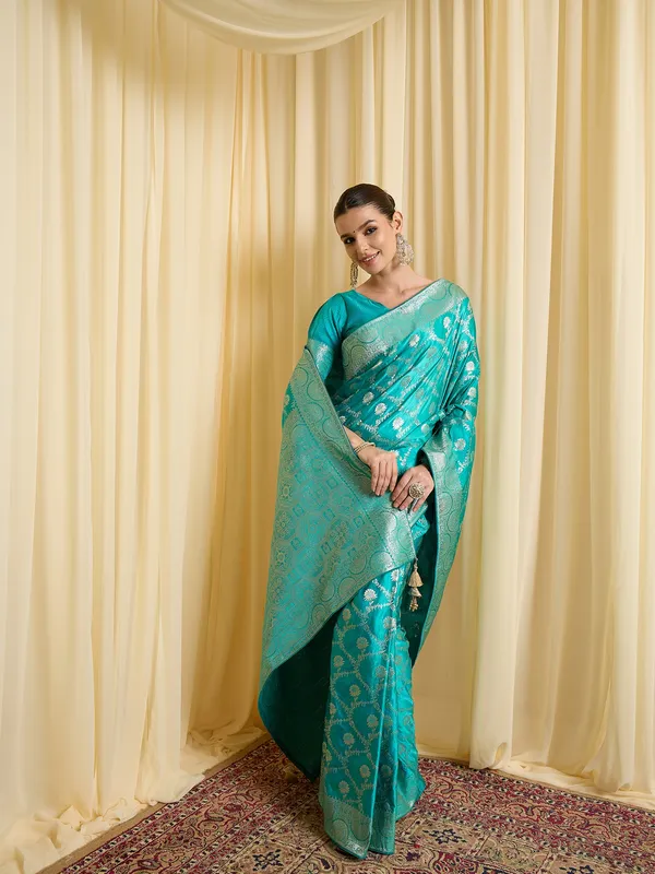 Teal_Satin_Woven_Saree_For_Women