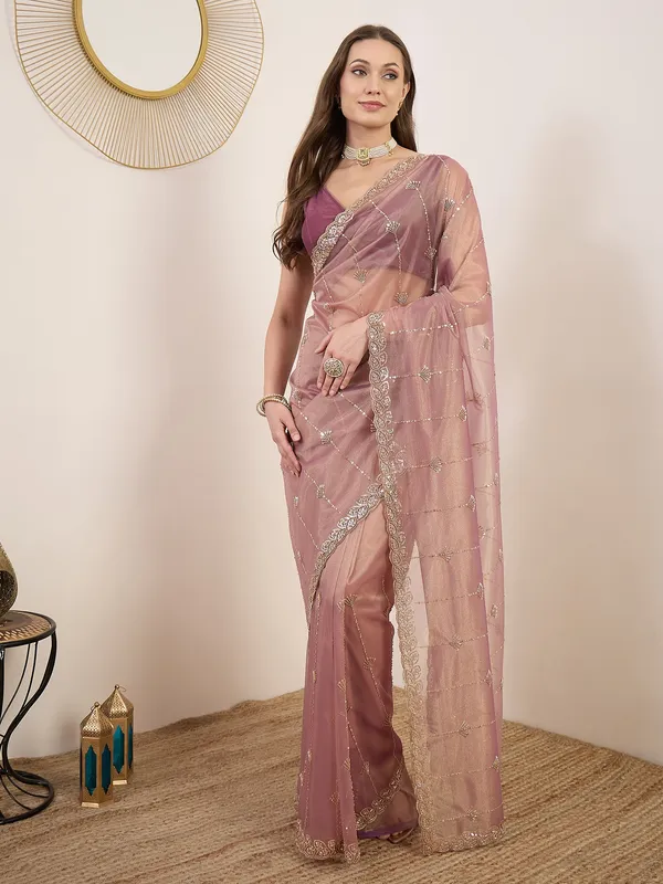 Pink_Satin_Sheer_Embroidered_Saree_With_Blouse_For_Women
