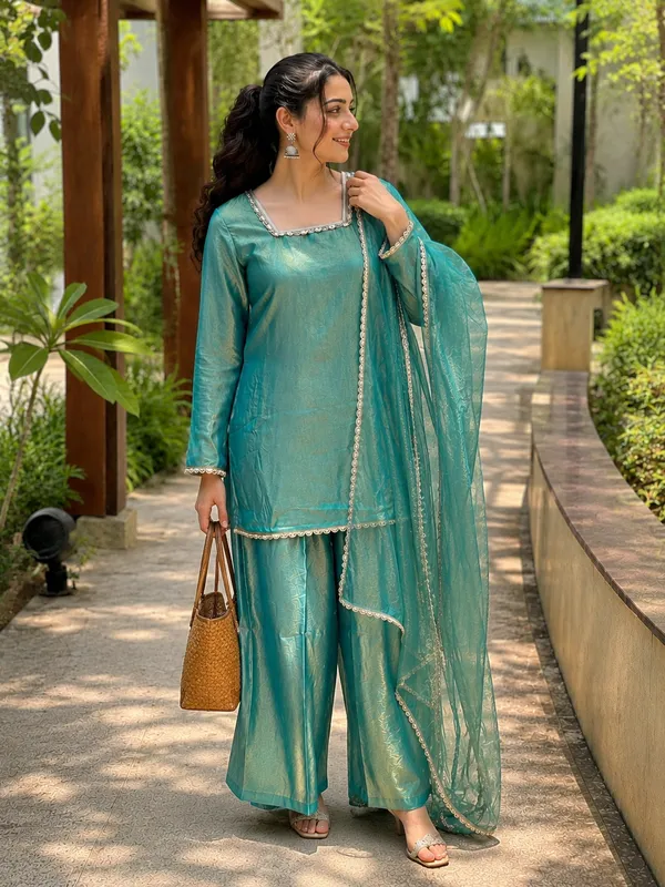 Aqua_Satin_Straight_Fit_Kurta_Wide-Leg_Pants_Dupatta_Set_For_Women