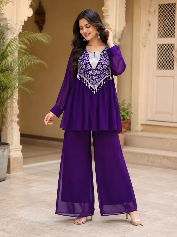Purple_Georgette_Flared_Embroidered_Kurta_Set_For_Women