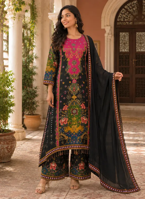 Black_Silk_Printed_Straight_Kurta_Bottom_Dupatta_Set_For_Women