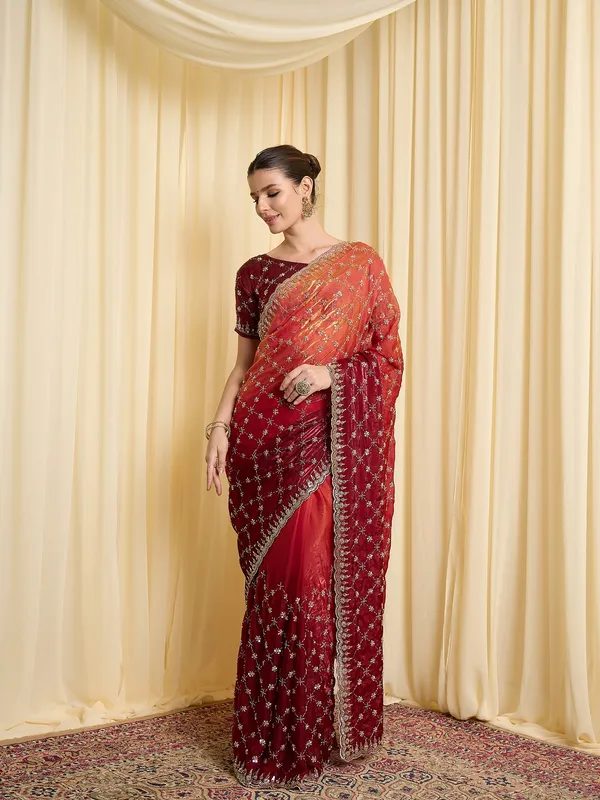 Red_Satin_Embroidered_Saree_For_Women