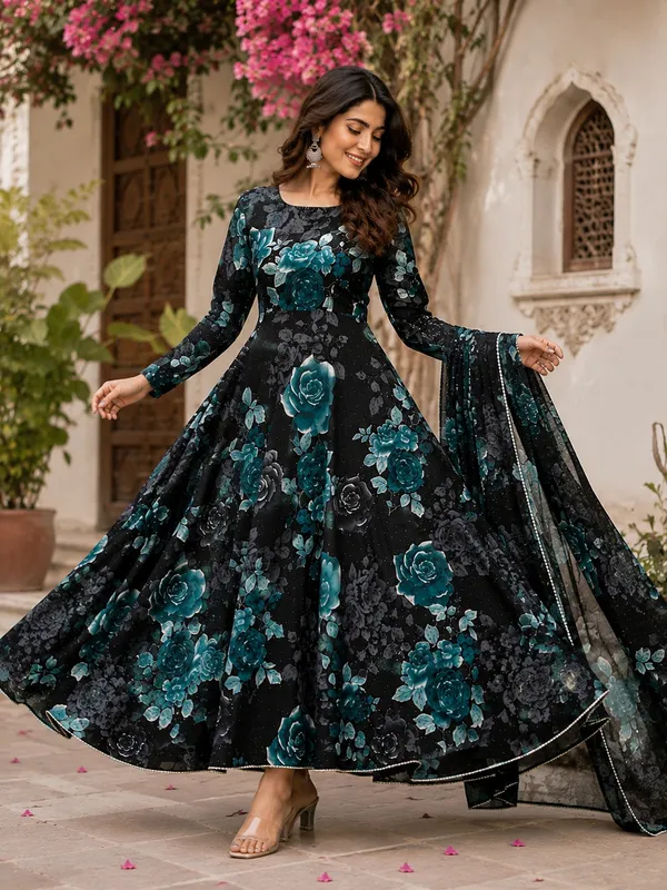 Black_Poly_Georgette_Floral_Flared_Anarkali_Suit_Set_For_Women