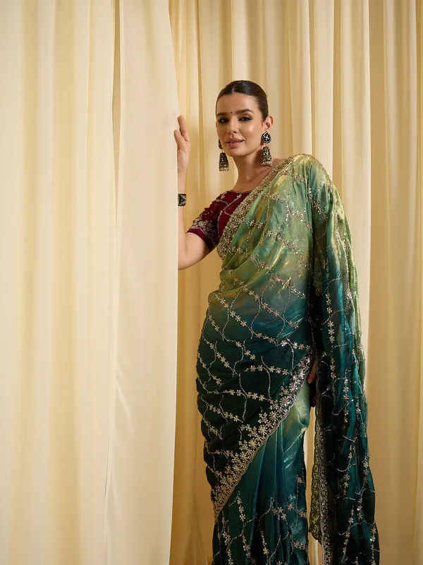 Green_Satin_Embroidered_Saree_For_Women