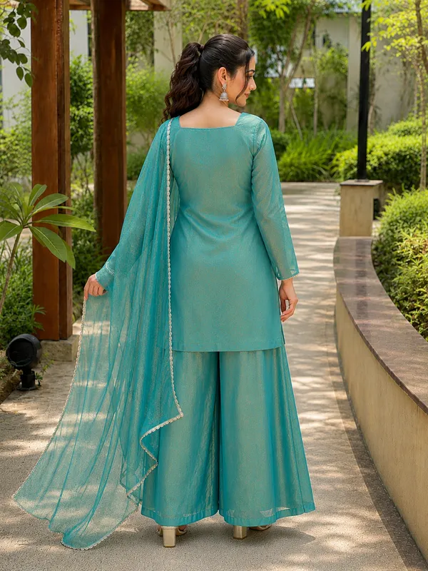 Aqua_Satin_Straight_Fit_Kurta_Wide-Leg_Pants_Dupatta_Set_For_Women