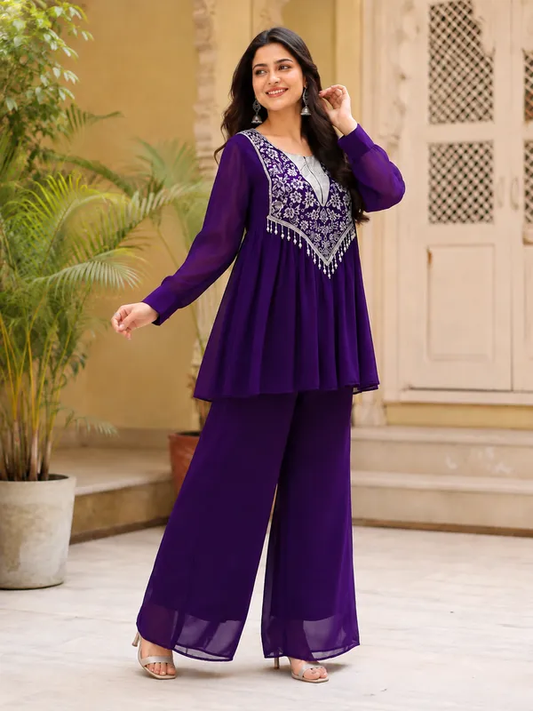 Purple_Georgette_Flared_Embroidered_Kurta_Set_For_Women