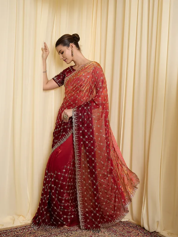 Red_Satin_Embroidered_Saree_For_Women