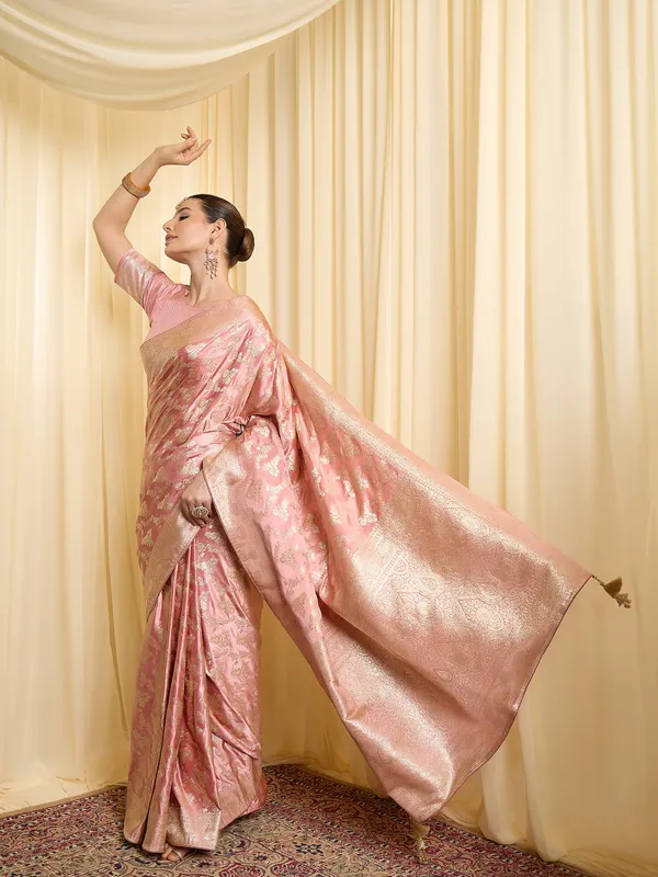 Pink_Satin_Brocade_Woven_Saree_With_Blouse_For_Women