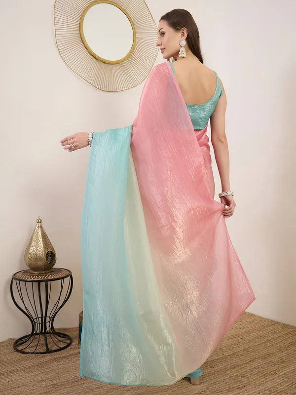 Pink_Aqua_Satin_Textured_Contrast_Panel_Saree_For_Women