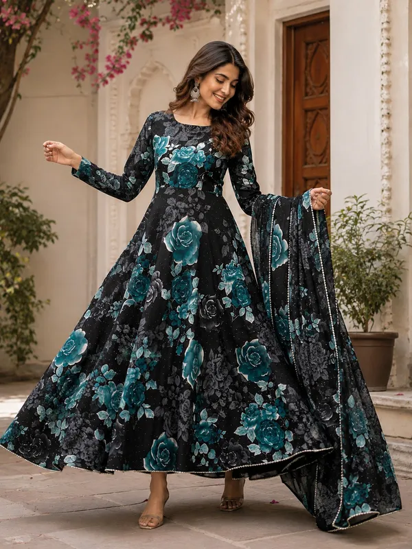 Black_Poly_Georgette_Floral_Flared_Anarkali_Suit_Set_For_Women