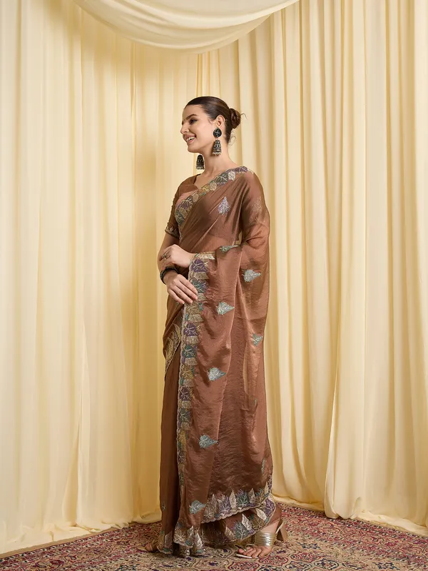 Brown_Satin_Floral_Embroidered_Saree_For_Women
