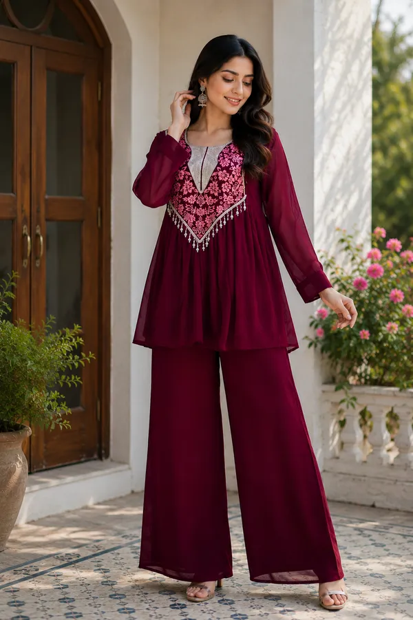 Maroon_Georgette_Flared_Embroidered_Kurta_Set_For_Women