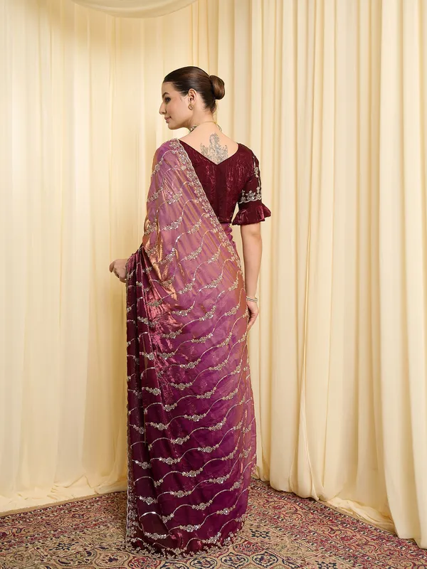 Maroon_Satin_Silver_Embellished_Saree_For_Women