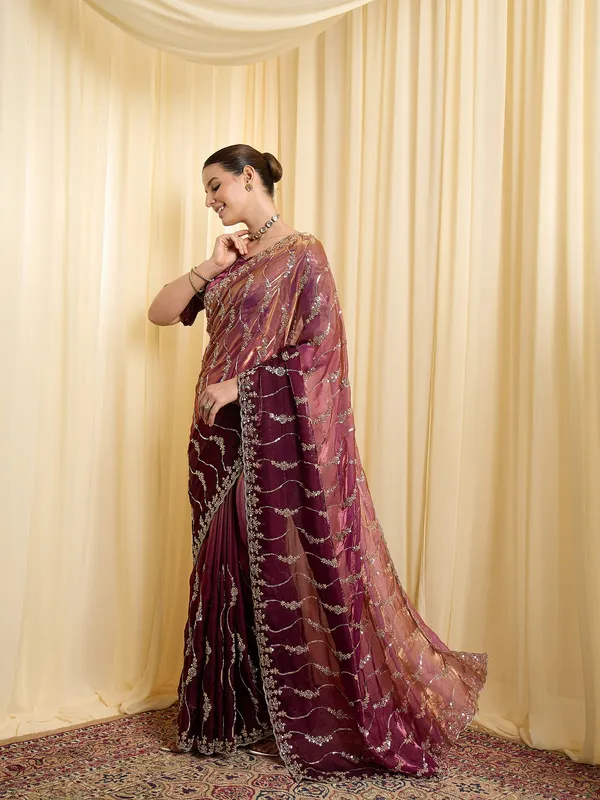 Maroon_Satin_Silver_Embellished_Saree_For_Women