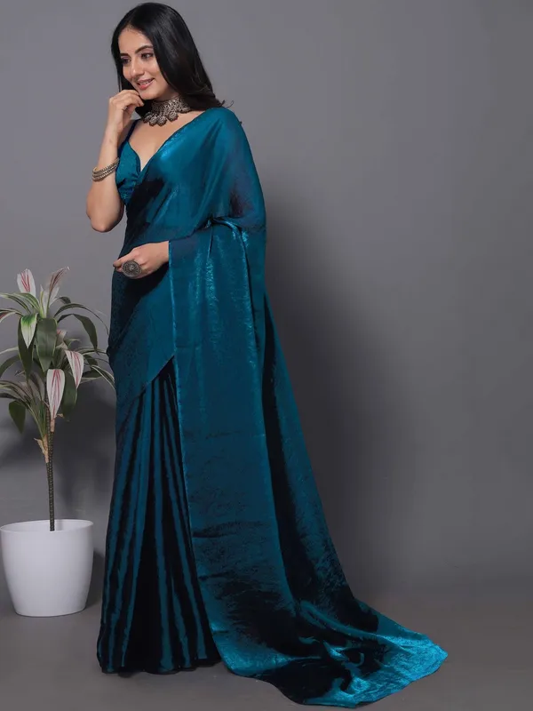 Teal_Satin_Draped_Saree_For_Women
