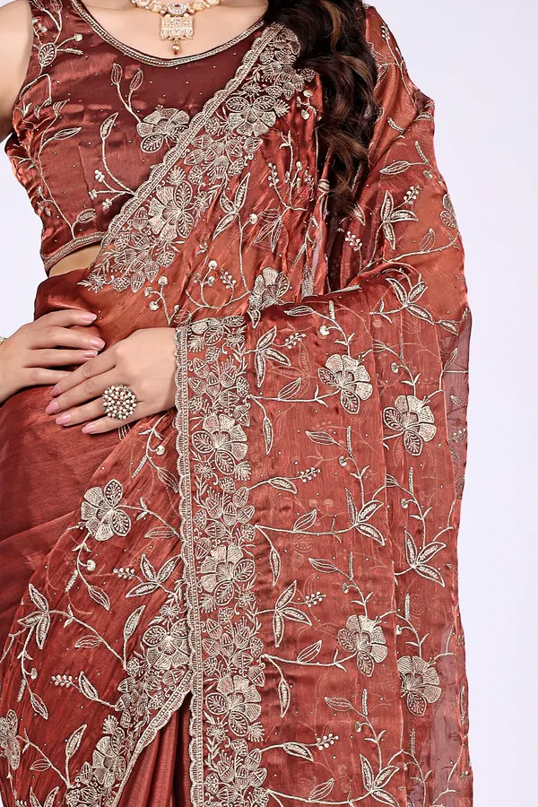 Rust_Satin_Floral_Embroidered_Saree_For_Women