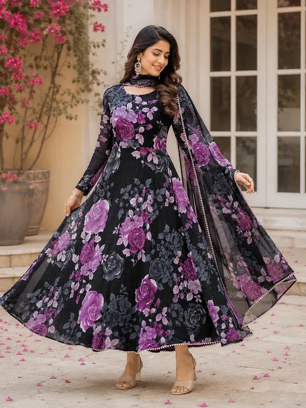 Black_Poly_Georgette_Floral_Flared_Anarkali_Dress_With_Dupatta_For_Women