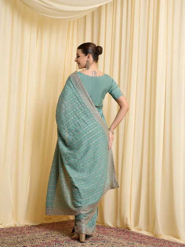 Teal_Satin_Woven_Striped_Saree_For_Women