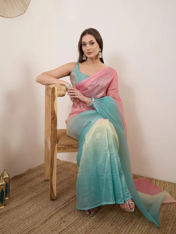 Pink_Aqua_Satin_Textured_Contrast_Panel_Saree_For_Women