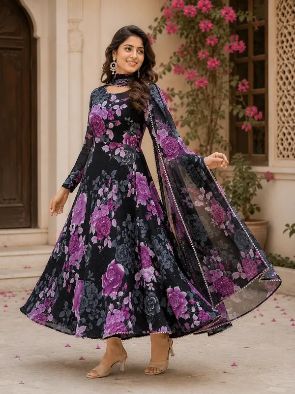 Black_Poly_Georgette_Floral_Flared_Anarkali_Dress_With_Dupatta_For_Women