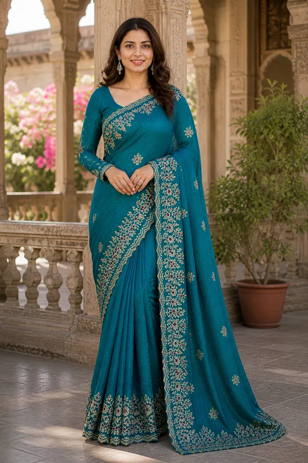 Teal_Satin_Floral_Embroidered_Saree_For_Women