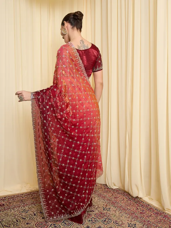 Red_Satin_Embroidered_Saree_For_Women