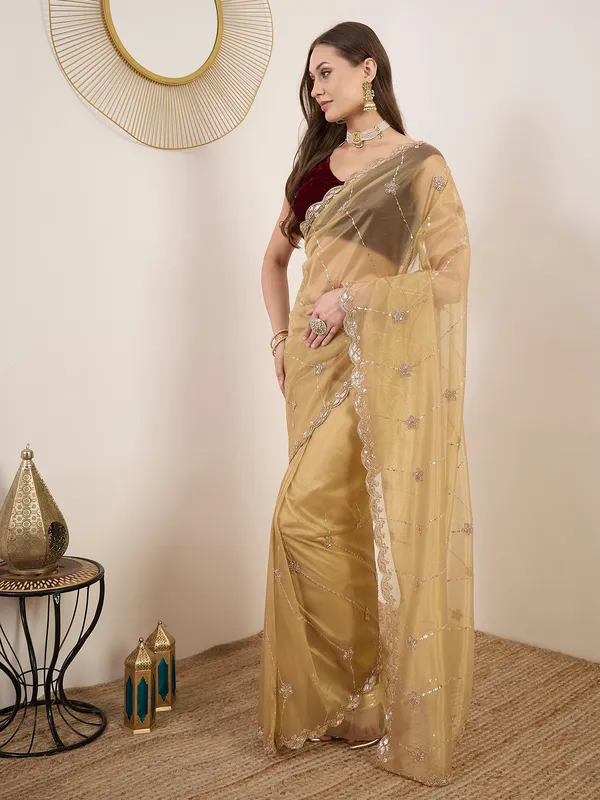Golden_Beige_Satin_Embellished_Saree_For_Women