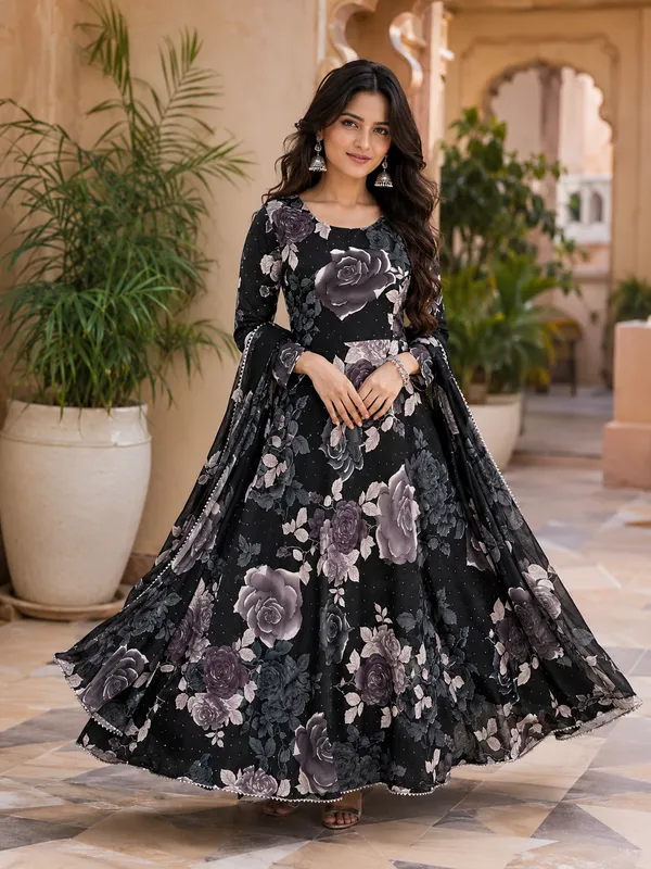 Black_Poly_Georgette_Floral_Print_Anarkali_Suit_Set_For_Women