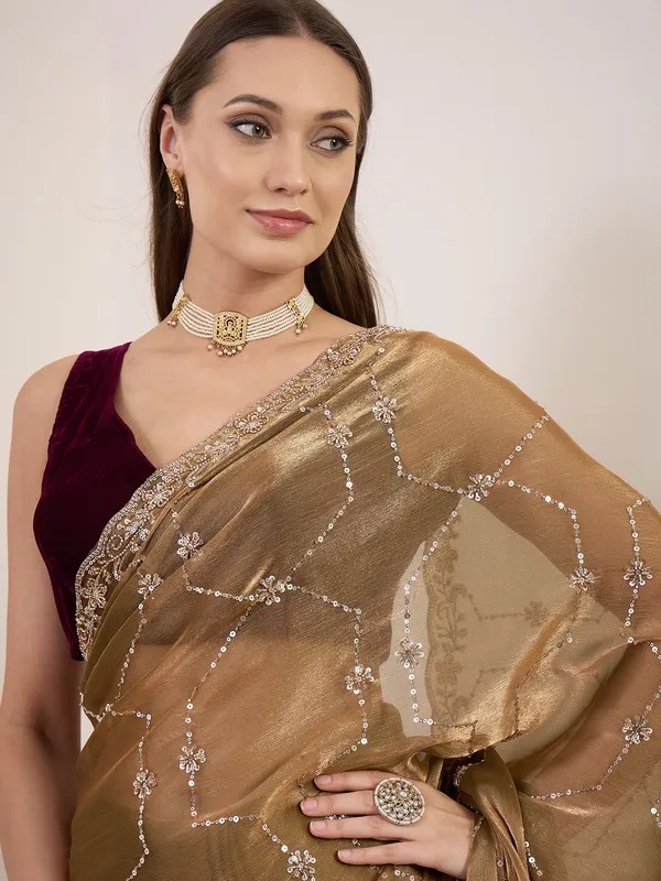 Gold_Satin_Sequin_Embellished_Saree_With_Maroon_Blouse_For_Women