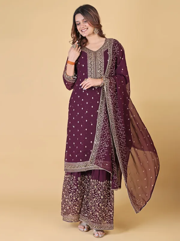 Maroon_Cotton_Embroidered_Sharara_Kurta_Set_For_Women