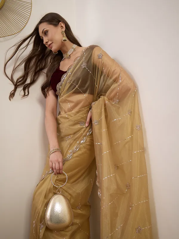 Golden_Beige_Satin_Embellished_Saree_For_Women