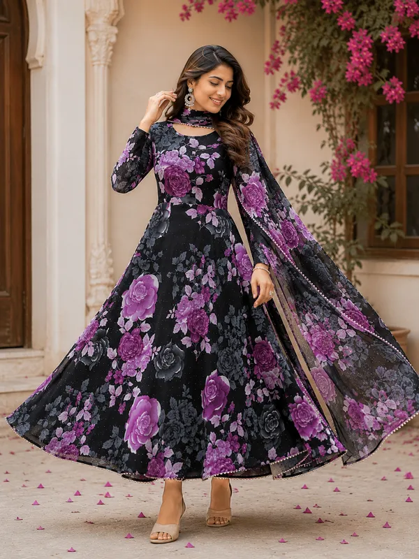 Black_Poly_Georgette_Floral_Flared_Anarkali_Dress_With_Dupatta_For_Women