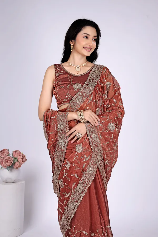 Rust_Satin_Floral_Embroidered_Saree_For_Women